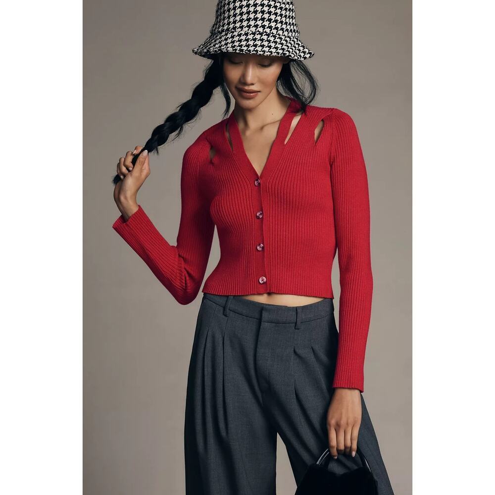 Anthropologie XL Red Strappy Cropped Cardigan Sweater Ribbed Top Y2k Chic